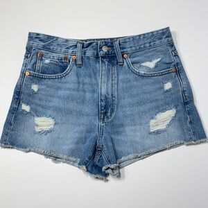 Madewell Women's High Waist Relaxed Denim Raw Hem Shorts Distressed Size 27 (A6)